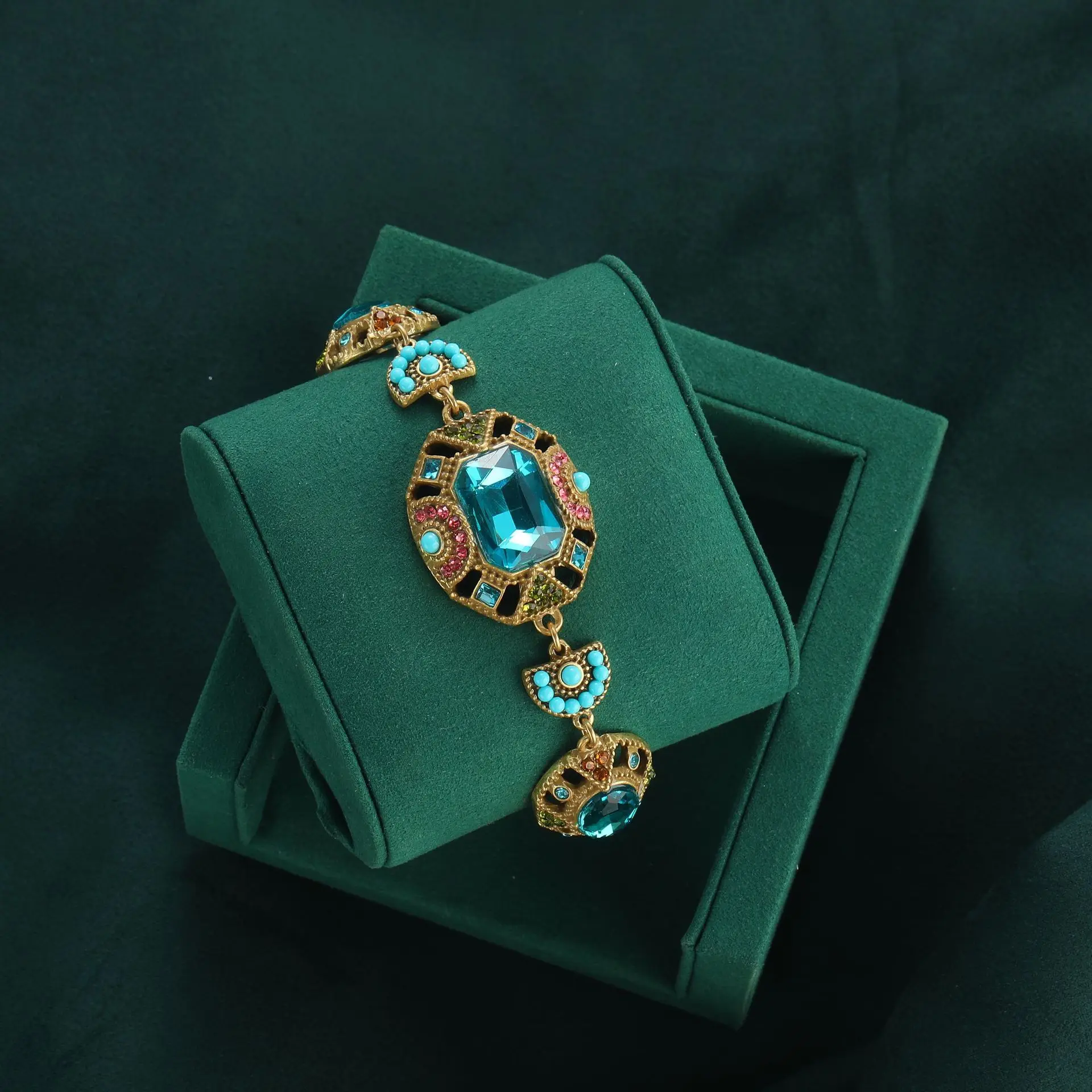 Bohemia Antique Gemstone Charm Bracelet for Women Vintage Boho Beads Square Sea Blue Crystal Bangle Retro Jewelry Ascesorios