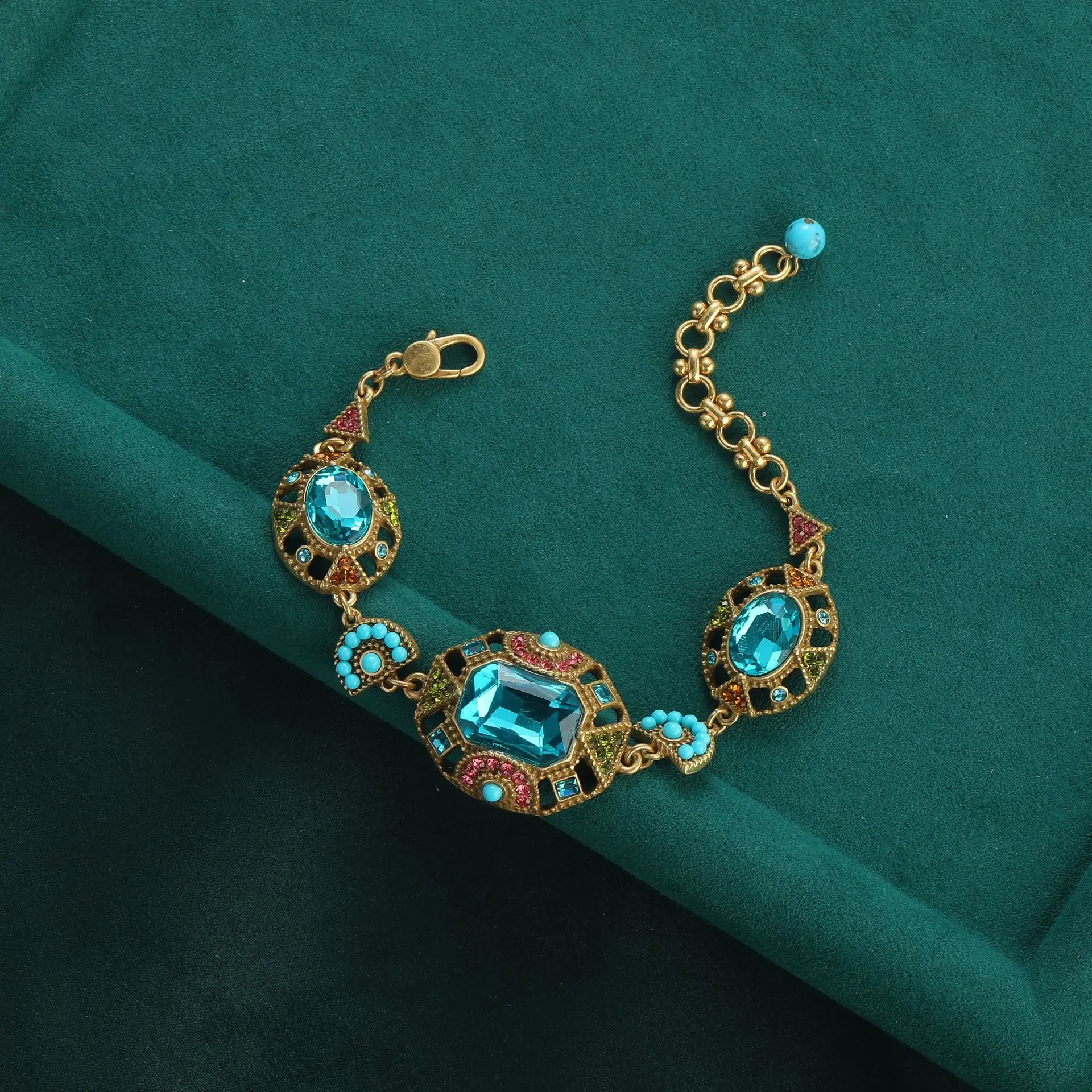 Bohemia Antique Gemstone Charm Bracelet for Women Vintage Boho Beads Square Sea Blue Crystal Bangle Retro Jewelry Ascesorios