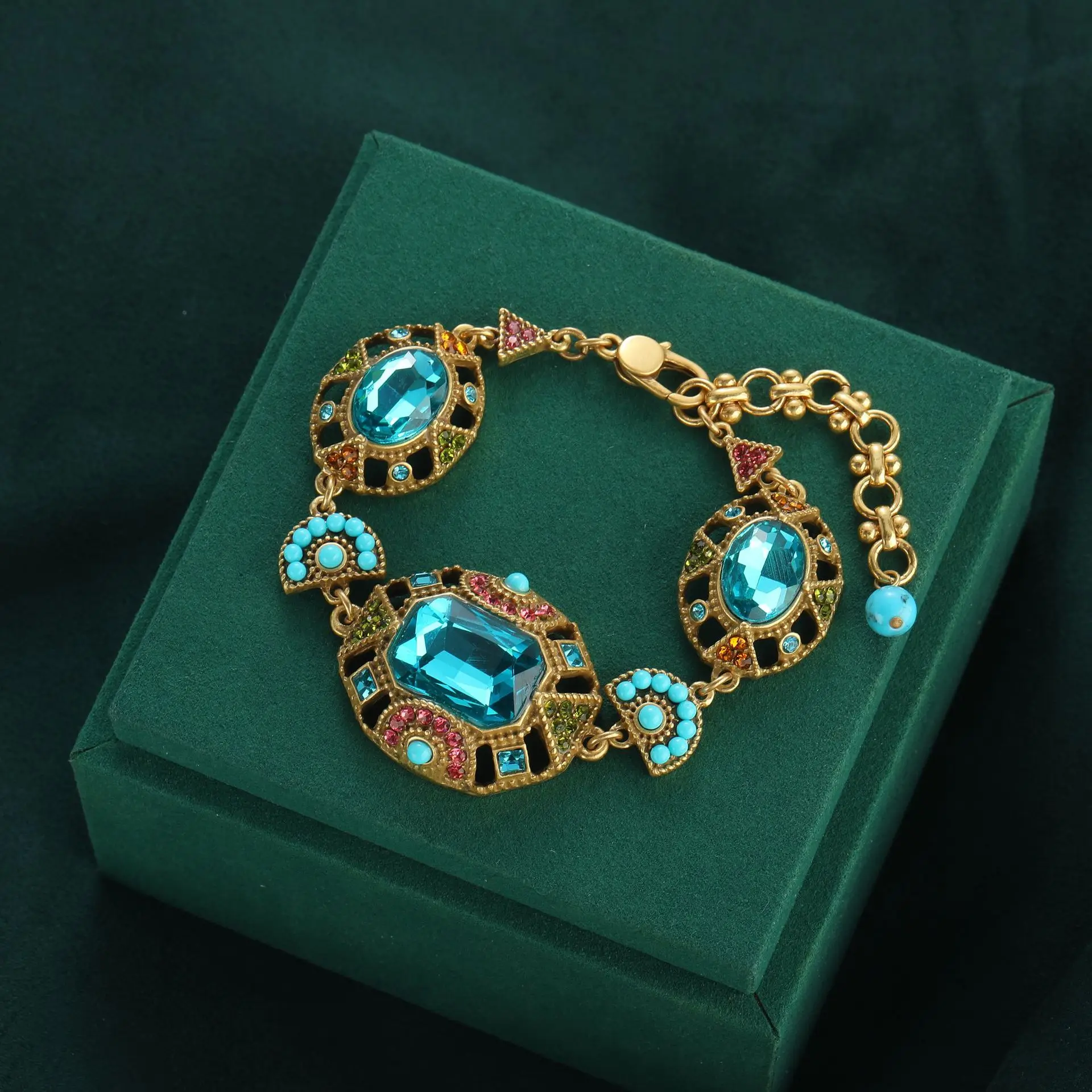 Bohemia Antique Gemstone Charm Bracelet for Women Vintage Boho Beads Square Sea Blue Crystal Bangle Retro Jewelry Ascesorios