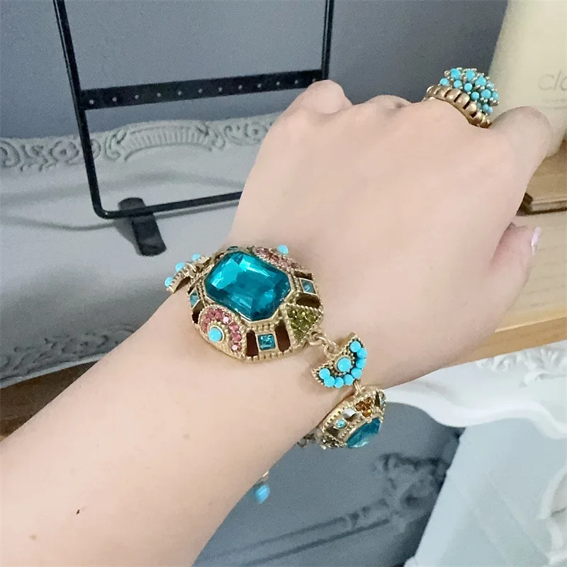 Bohemia Antique Gemstone Charm Bracelet for Women Vintage Boho Beads Square Sea Blue Crystal Bangle Retro Jewelry Ascesorios
