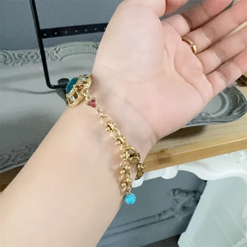 Bohemia Antique Gemstone Charm Bracelet for Women Vintage Boho Beads Square Sea Blue Crystal Bangle Retro Jewelry Ascesorios