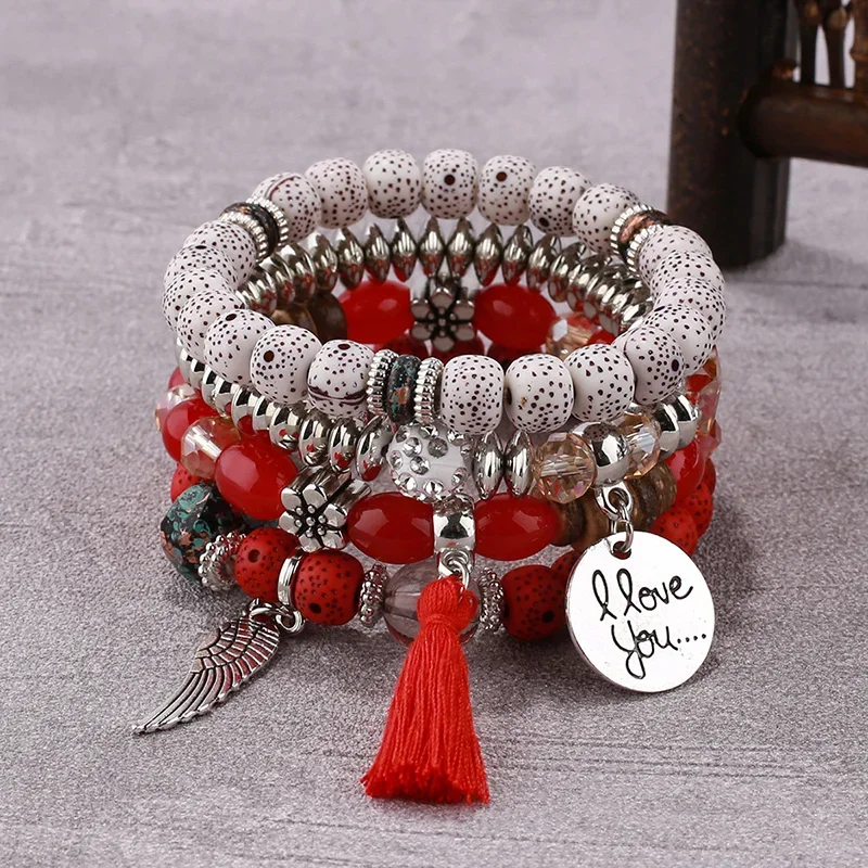 4Pcs Bohemian Women Pink Tassel Bracelet Set For Female I Love You Feather Round Charm Beads Chain Bangle Fashion Party Jewelry