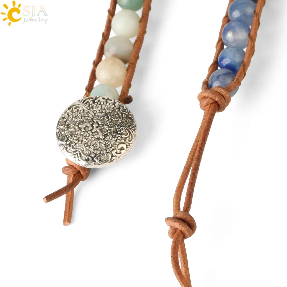 Natural Stone Multi layer Leather Bracelet for Women Blue Aventurine Crystal Hematite Bead Wrapped Bracelet 5  Boho Jewelry S564