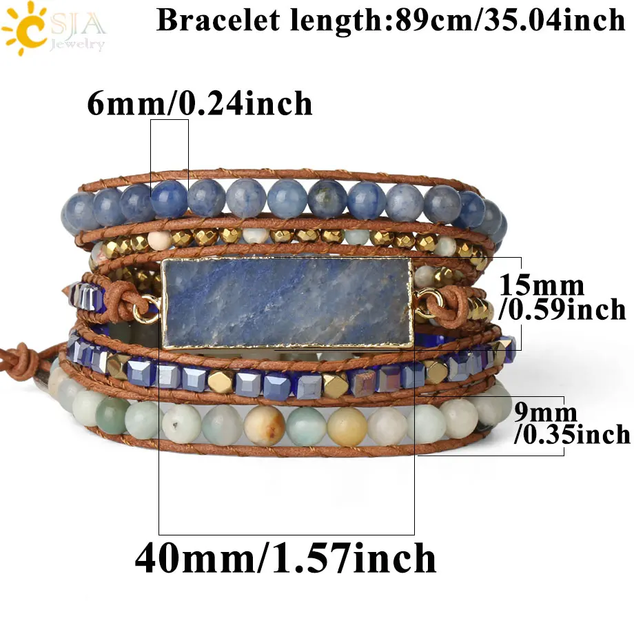 Natural Stone Multi layer Leather Bracelet for Women Blue Aventurine Crystal Hematite Bead Wrapped Bracelet 5  Boho Jewelry S564