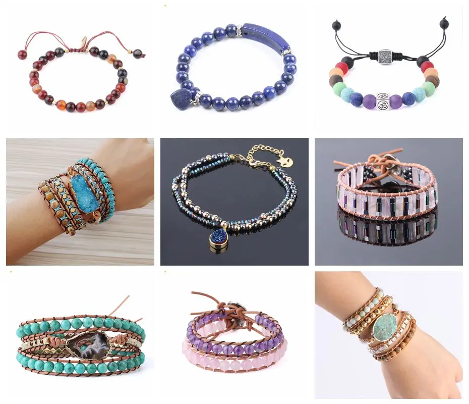 Natural Stone Multi layer Leather Bracelet for Women Blue Aventurine Crystal Hematite Bead Wrapped Bracelet 5  Boho Jewelry S564