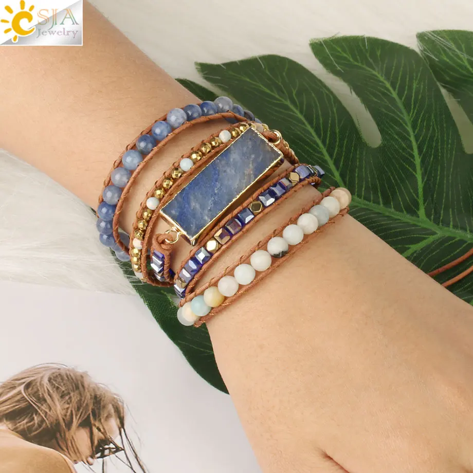 Natural Stone Multi layer Leather Bracelet for Women Blue Aventurine Crystal Hematite Bead Wrapped Bracelet 5  Boho Jewelry S564
