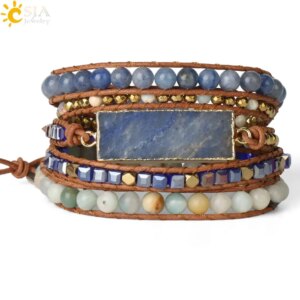Natural Stone Multi layer Leather Bracelet for Women Blue Aventurine Crystal Hematite Bead Wrapped Bracelet 5  Boho Jewelry S564