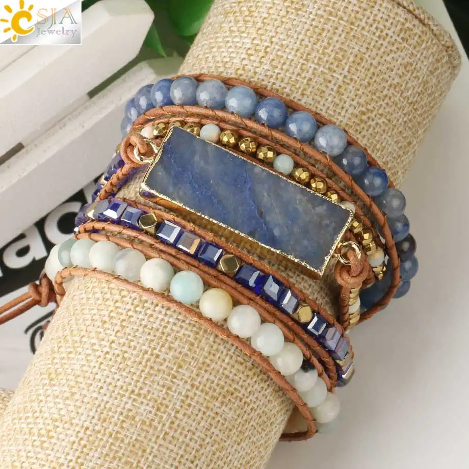 Natural Stone Multi layer Leather Bracelet for Women Blue Aventurine Crystal Hematite Bead Wrapped Bracelet 5  Boho Jewelry S564