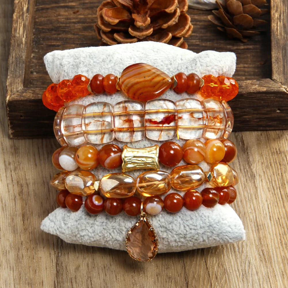 Fashion Bohemian Women Jewelry 5pcs Natural Stone Glass Beaded Elastic Bracelet Glass Drop Pendant Stacked Bracelet Set