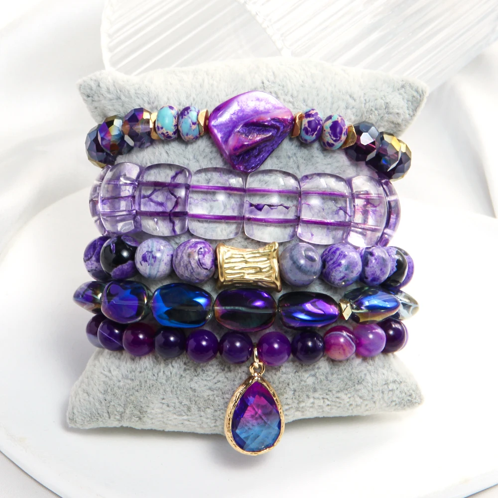Fashion Bohemian Women Jewelry 5pcs Natural Stone Glass Beaded Elastic Bracelet Glass Drop Pendant Stacked Bracelet Set