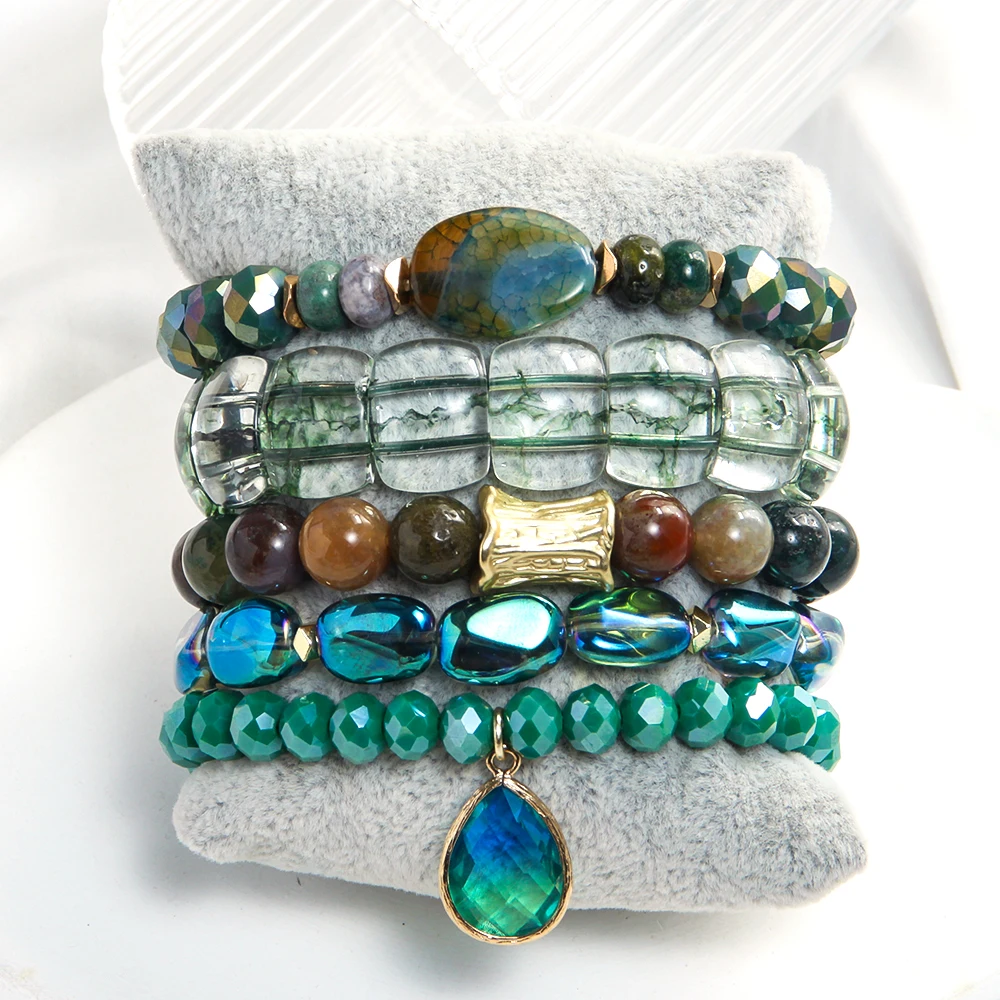 Fashion Bohemian Women Jewelry 5pcs Natural Stone Glass Beaded Elastic Bracelet Glass Drop Pendant Stacked Bracelet Set