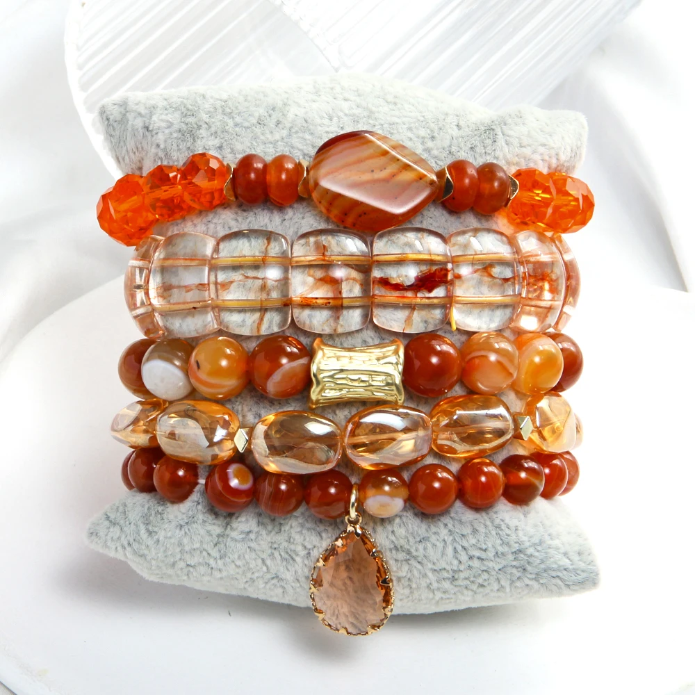 Fashion Bohemian Women Jewelry 5pcs Natural Stone Glass Beaded Elastic Bracelet Glass Drop Pendant Stacked Bracelet Set