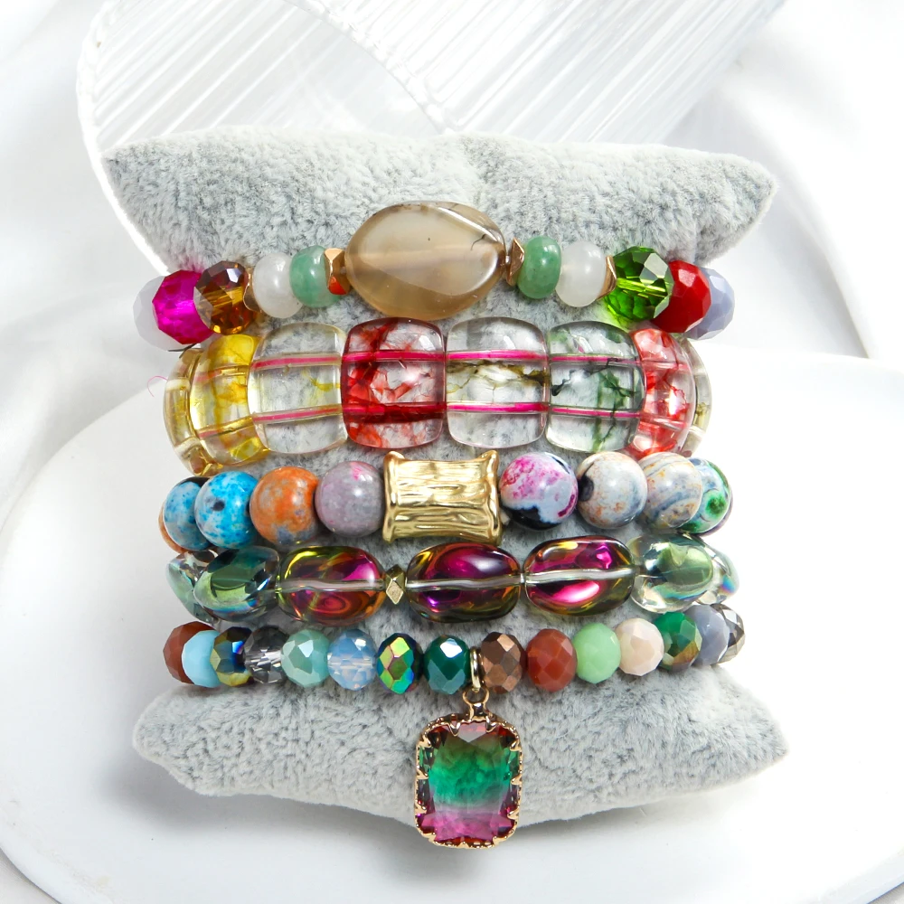 Fashion Bohemian Women Jewelry 5pcs Natural Stone Glass Beaded Elastic Bracelet Glass Drop Pendant Stacked Bracelet Set
