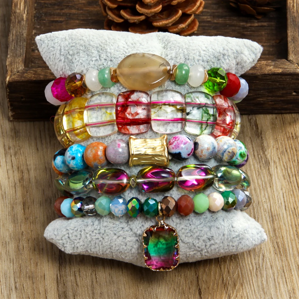 Fashion Bohemian Women Jewelry 5pcs Natural Stone Glass Beaded Elastic Bracelet Glass Drop Pendant Stacked Bracelet Set
