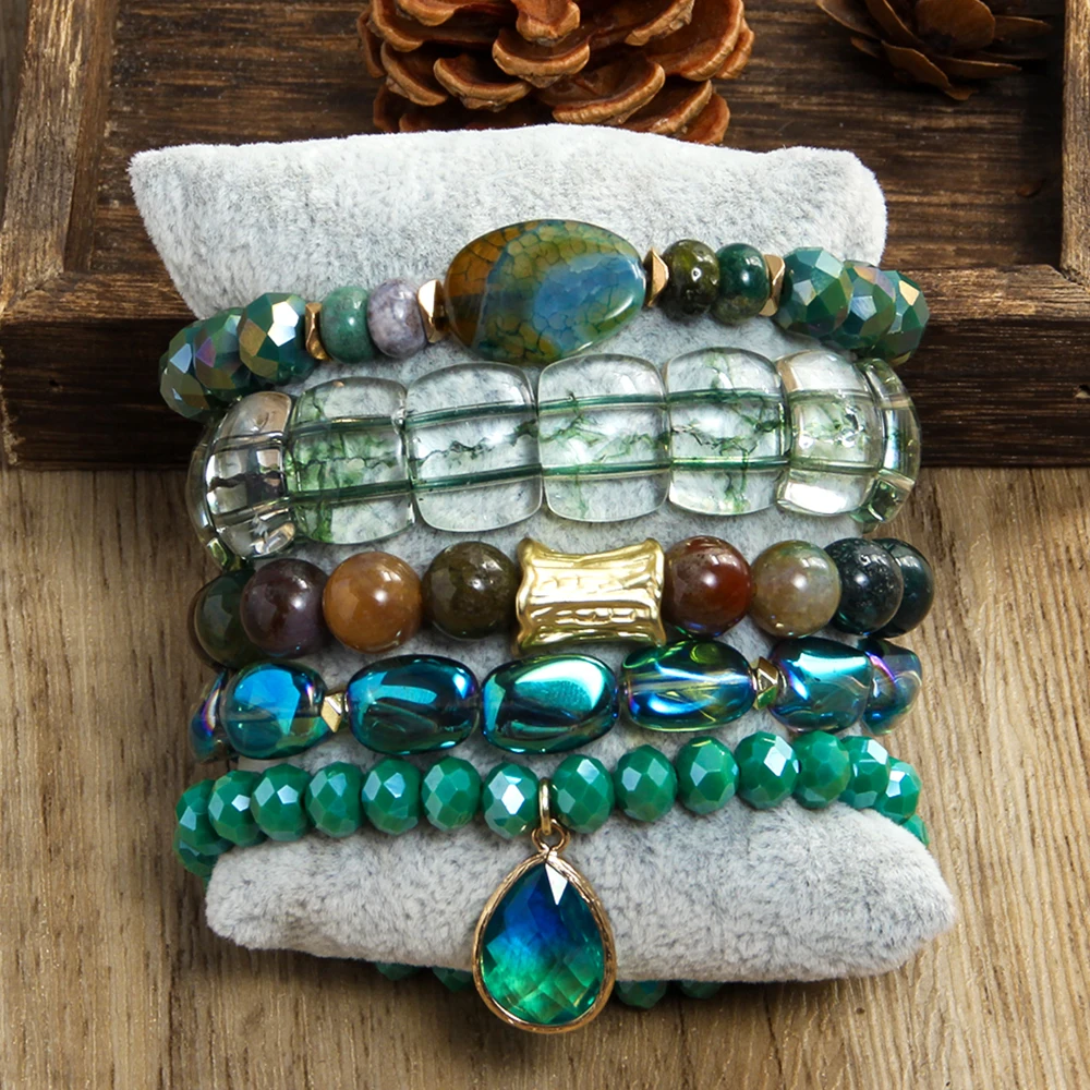 Fashion Bohemian Women Jewelry 5pcs Natural Stone Glass Beaded Elastic Bracelet Glass Drop Pendant Stacked Bracelet Set