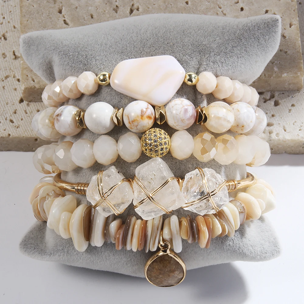 Fashion Bohemia Jewelry Natural Stone Charm 5pc Stack Beaded Bracelets Bangle Set For Women Gift