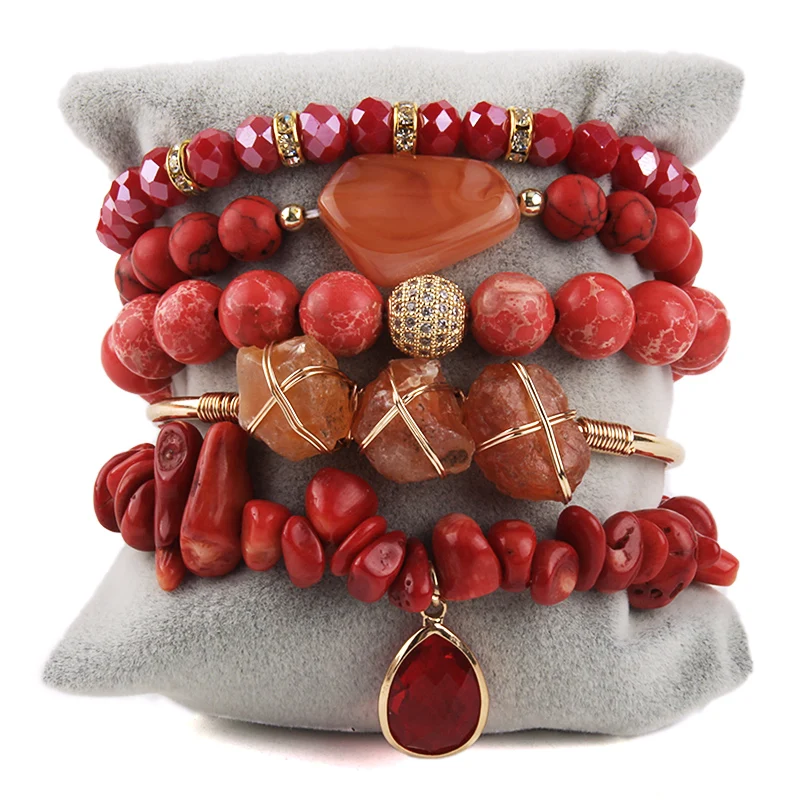 Fashion Bohemia Jewelry Natural Stone Charm 5pc Stack Beaded Bracelets Bangle Set For Women Gift