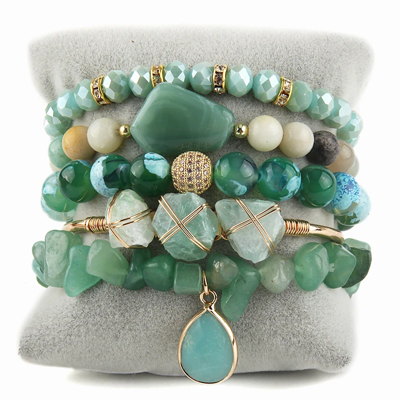 Fashion Bohemia Jewelry Natural Stone Charm 5pc Stack Beaded Bracelets Bangle Set For Women Gift