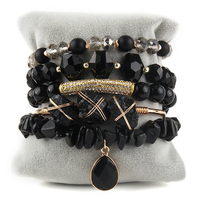 Fashion Bohemia Jewelry Natural Stone Charm 5pc Stack Beaded Bracelets Bangle Set For Women Gift