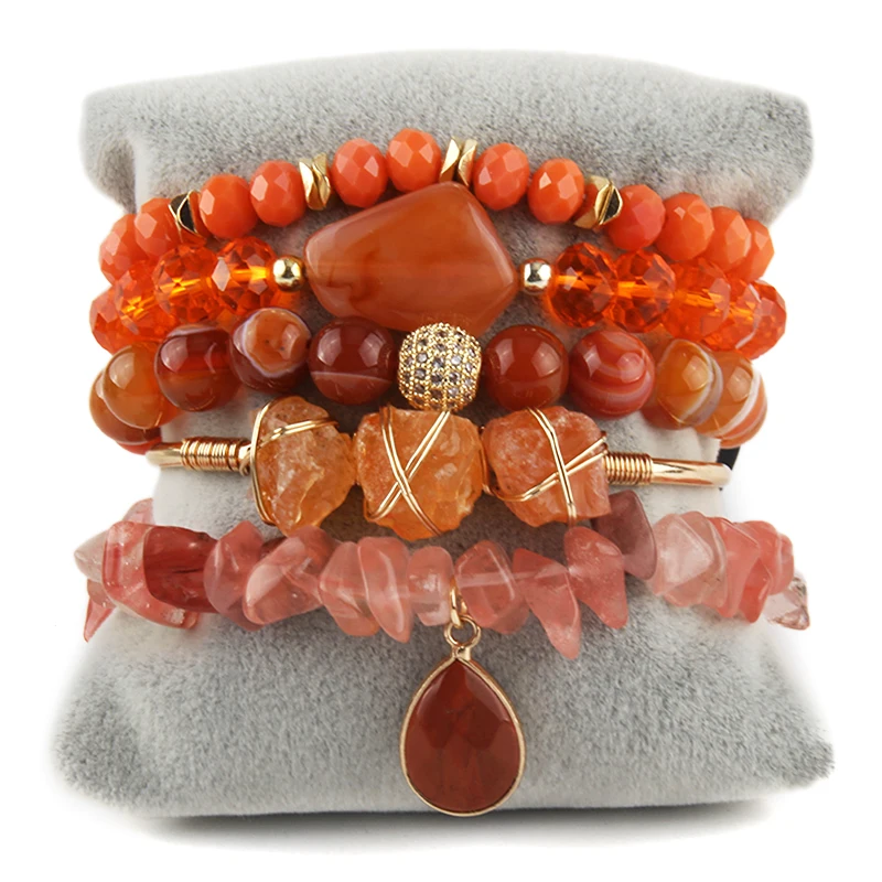 Fashion Bohemia Jewelry Natural Stone Charm 5pc Stack Beaded Bracelets Bangle Set For Women Gift