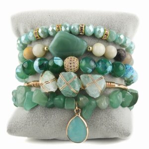 Fashion Bohemia Jewelry Natural Stone Charm 5pc Stack Beaded Bracelets Bangle Set For Women Gift