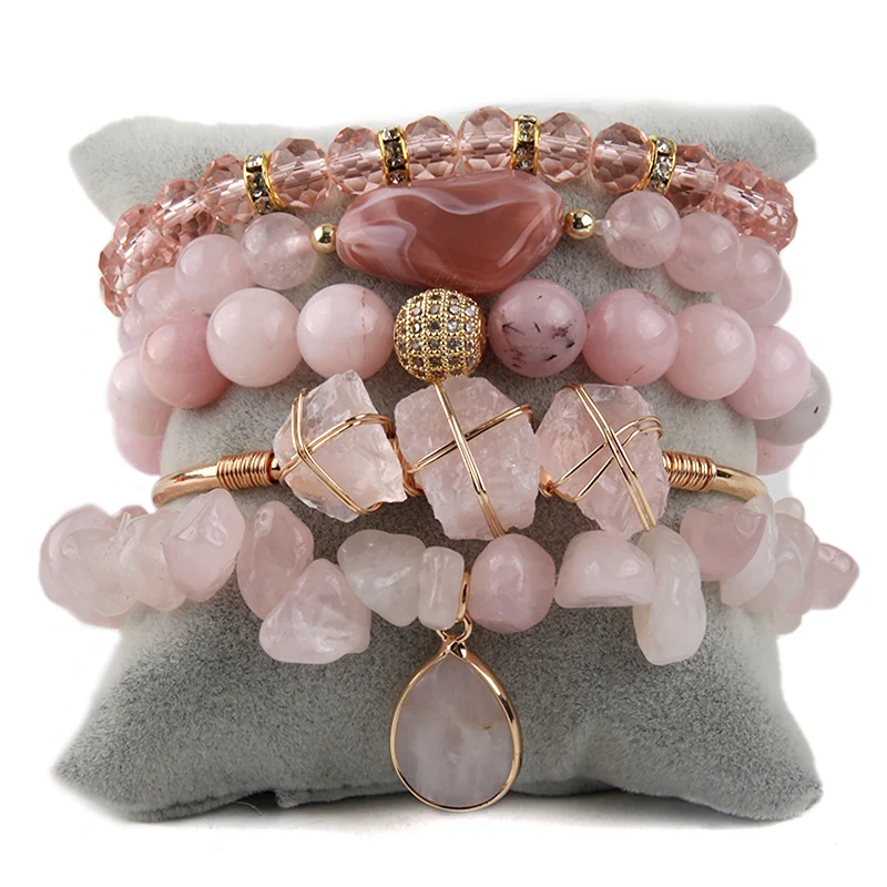 Fashion Bohemia Jewelry Natural Stone Charm 5pc Stack Beaded Bracelets Bangle Set For Women Gift