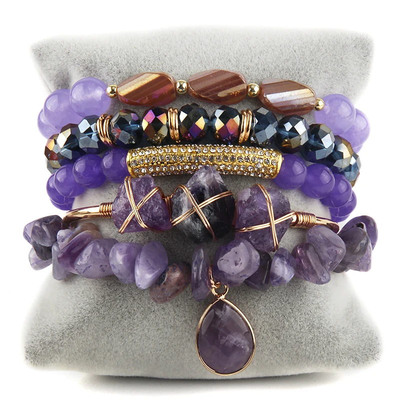 Fashion Bohemia Jewelry Natural Stone Charm 5pc Stack Beaded Bracelets Bangle Set For Women Gift