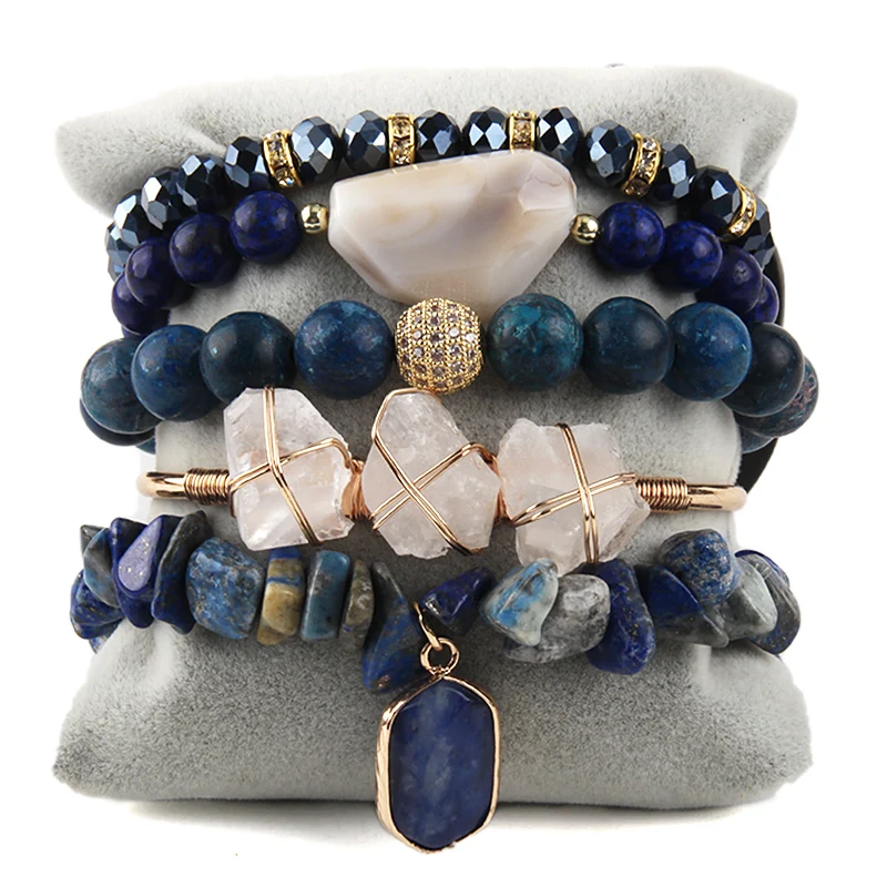 Fashion Bohemia Jewelry Natural Stone Charm 5pc Stack Beaded Bracelets Bangle Set For Women Gift