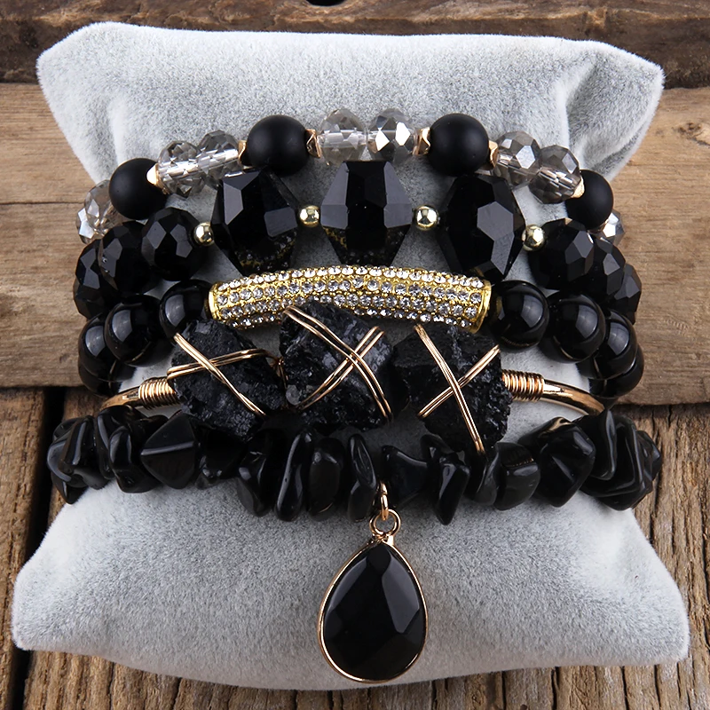 Fashion Bohemia Jewelry Natural Stone Charm 5pc Stack Beaded Bracelets Bangle Set For Women Gift