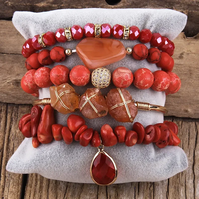 Fashion Bohemia Jewelry Natural Stone Charm 5pc Stack Beaded Bracelets Bangle Set For Women Gift