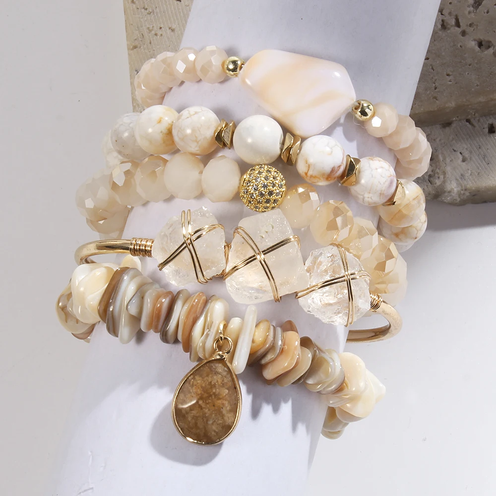 Fashion Bohemia Jewelry Natural Stone Charm 5pc Stack Beaded Bracelets Bangle Set For Women Gift