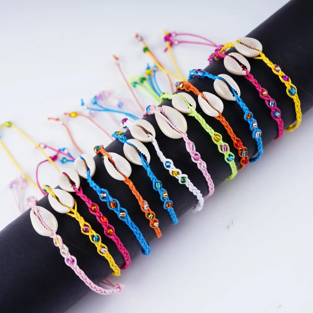 Wholesale 50Pcs/Lot Bulk Handmade Boho Colorful Shell Conch Cotton Rope Cuff Adjustable Jewelry Bracelet for Men Women Mix Style