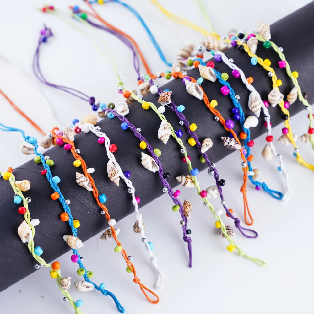 Wholesale 50Pcs/Lot Bulk Handmade Boho Colorful Shell Conch Cotton Rope Cuff Adjustable Jewelry Bracelet for Men Women Mix Style