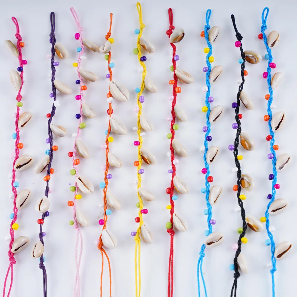 Wholesale 50Pcs/Lot Bulk Handmade Boho Colorful Shell Conch Cotton Rope Cuff Adjustable Jewelry Bracelet for Men Women Mix Style