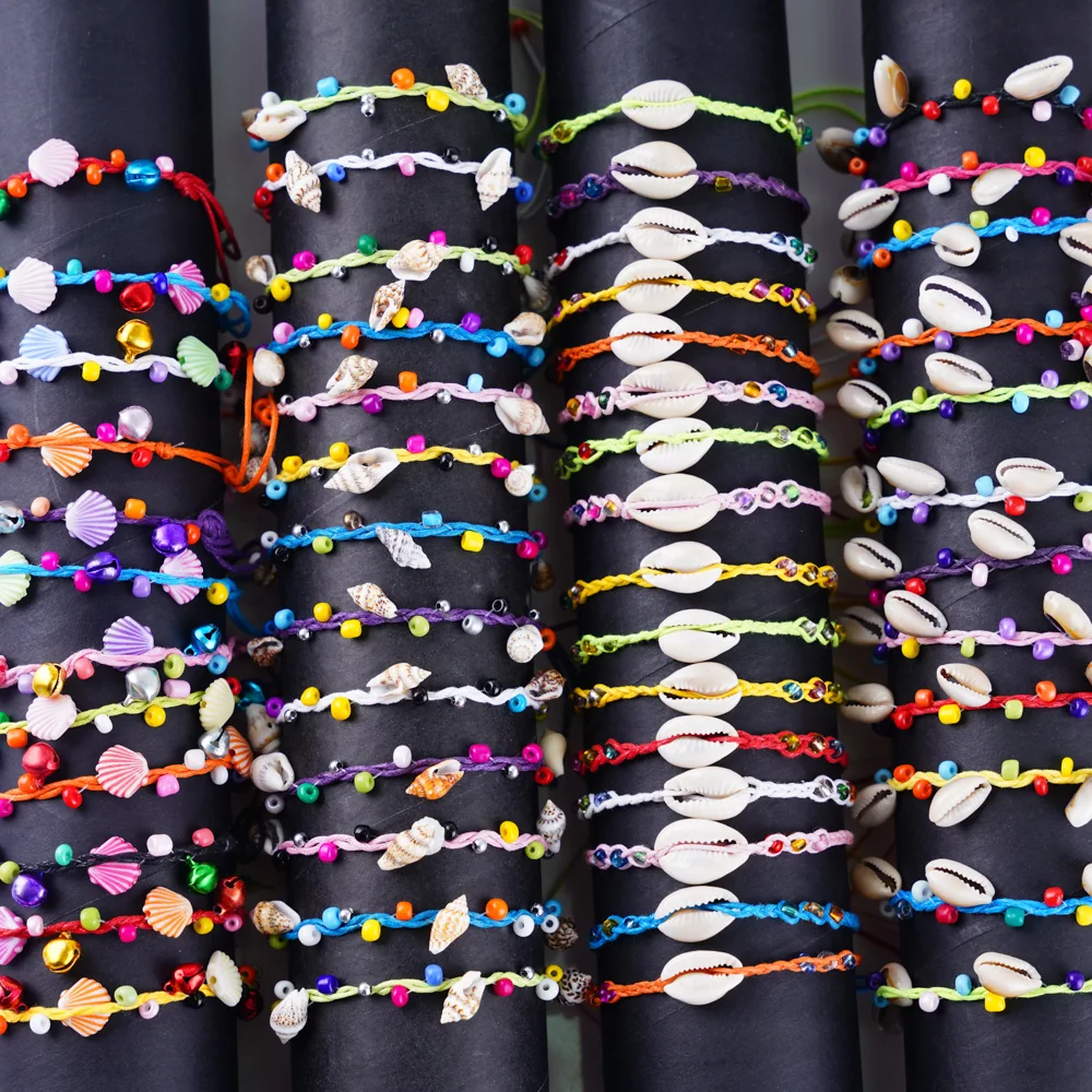 Wholesale 50Pcs/Lot Bulk Handmade Boho Colorful Shell Conch Cotton Rope Cuff Adjustable Jewelry Bracelet for Men Women Mix Style