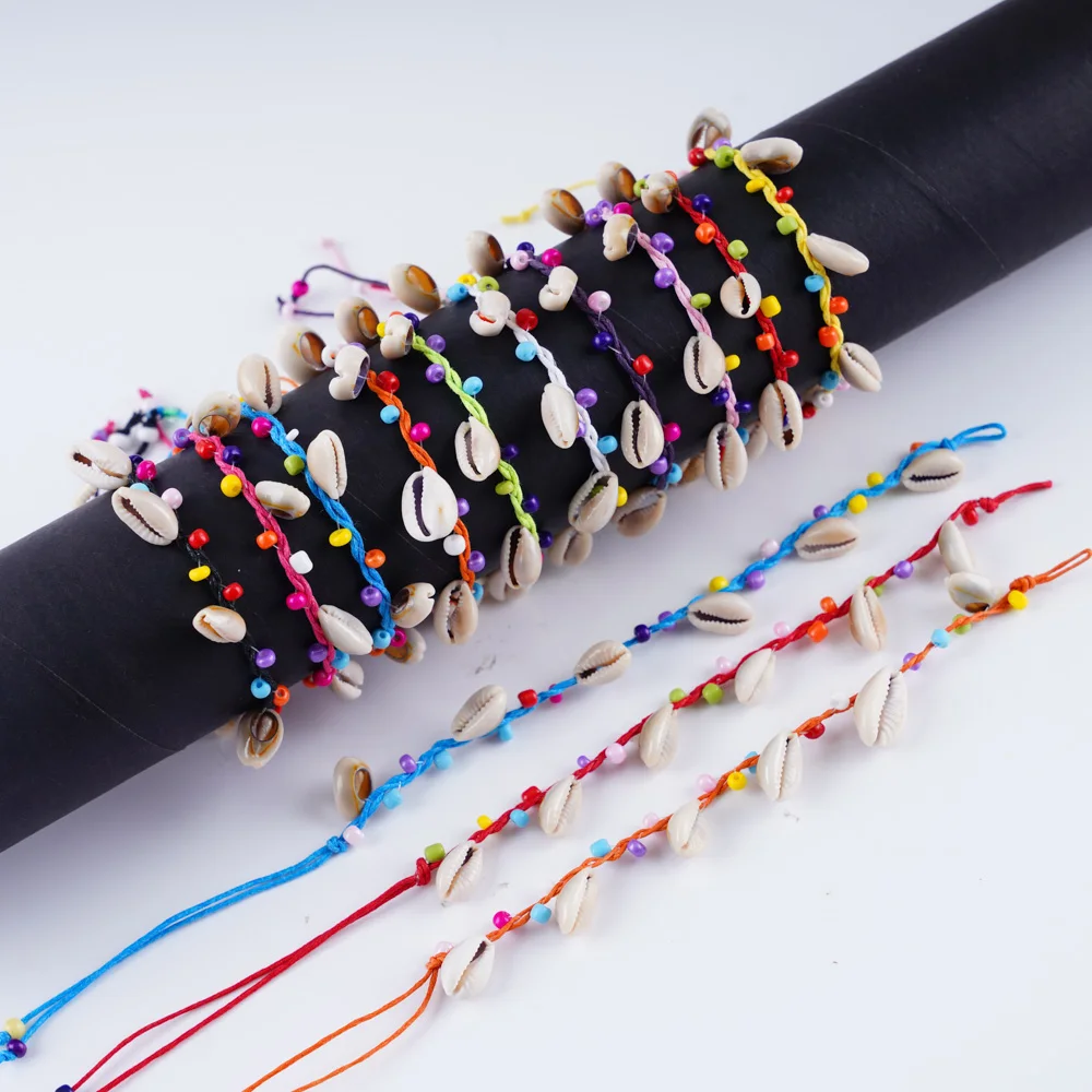 Wholesale 50Pcs/Lot Bulk Handmade Boho Colorful Shell Conch Cotton Rope Cuff Adjustable Jewelry Bracelet for Men Women Mix Style