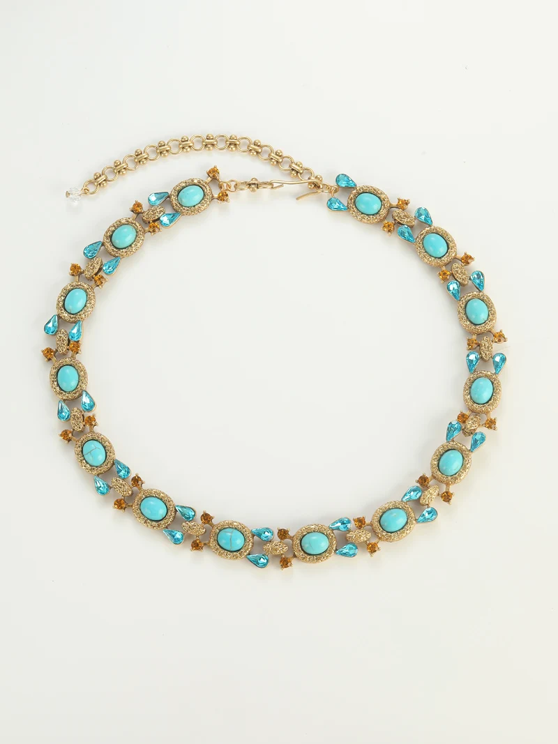 Vintage Bohemian Choker Turquoise Necklace Jewelry Blue Natural Stone Crystal Gold Color Woman Luxury Designer Antique Wedding