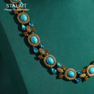Vintage Bohemian Choker Turquoise Necklace Jewelry Blue Natural Stone Crystal Gold Color Woman Luxury Designer Antique Wedding