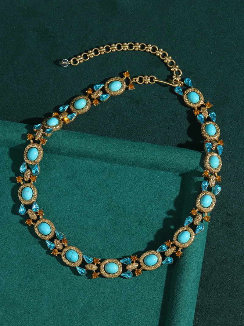 Vintage Bohemian Choker Turquoise Necklace Jewelry Blue Natural Stone Crystal Gold Color Woman Luxury Designer Antique Wedding