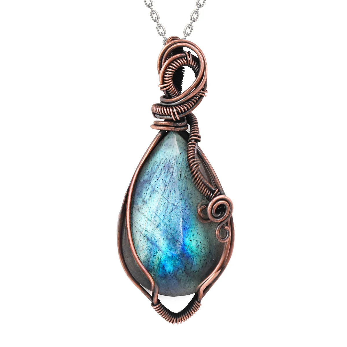 Natural Gemstone Labradorite Pendant Copper Wire Wrapped Jewelry Necklace Perfect for Boho Lovers With Box