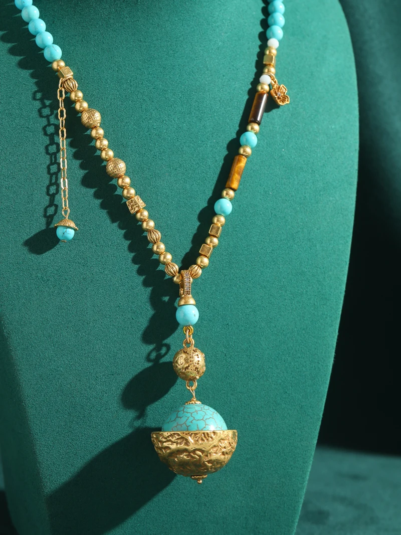 Vintage Turquoise Beads Necklaces For African Party Antique Gold Color Statement Bohemian Brass Luxury Designer Jewelry Gifts