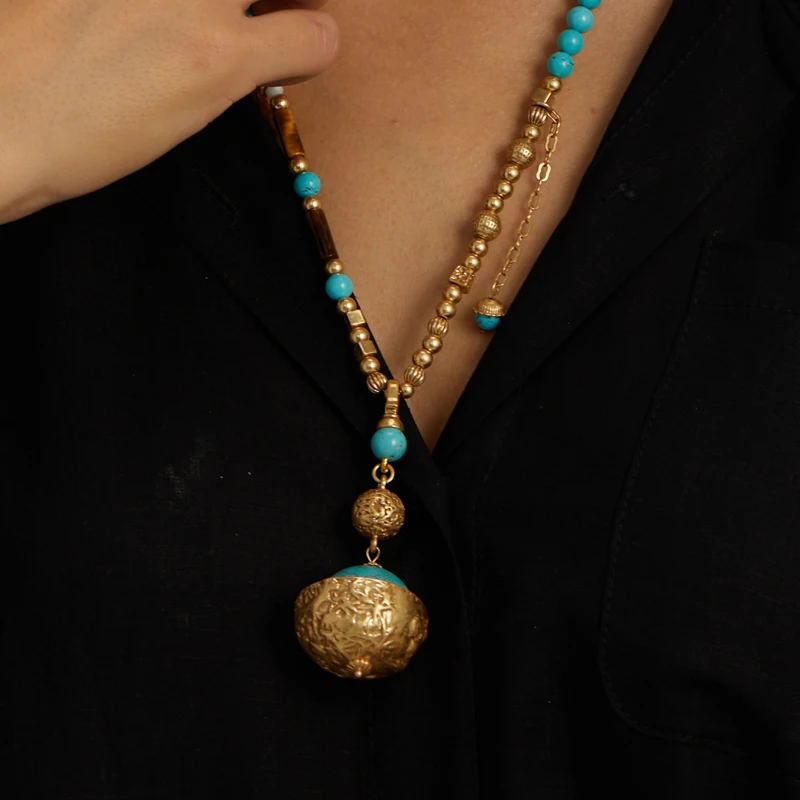 Vintage Turquoise Beads Necklaces For African Party Antique Gold Color Statement Bohemian Brass Luxury Designer Jewelry Gifts