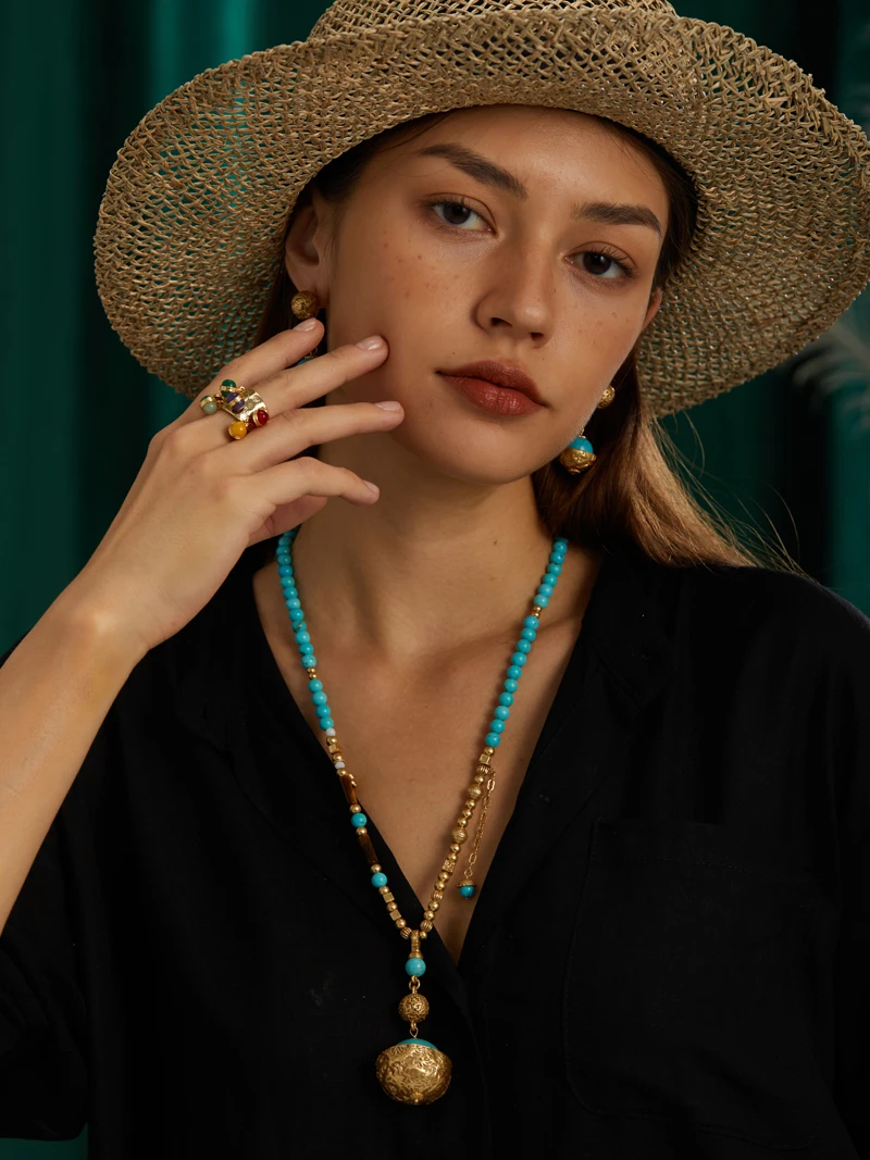 Vintage Turquoise Beads Necklaces For African Party Antique Gold Color Statement Bohemian Brass Luxury Designer Jewelry Gifts
