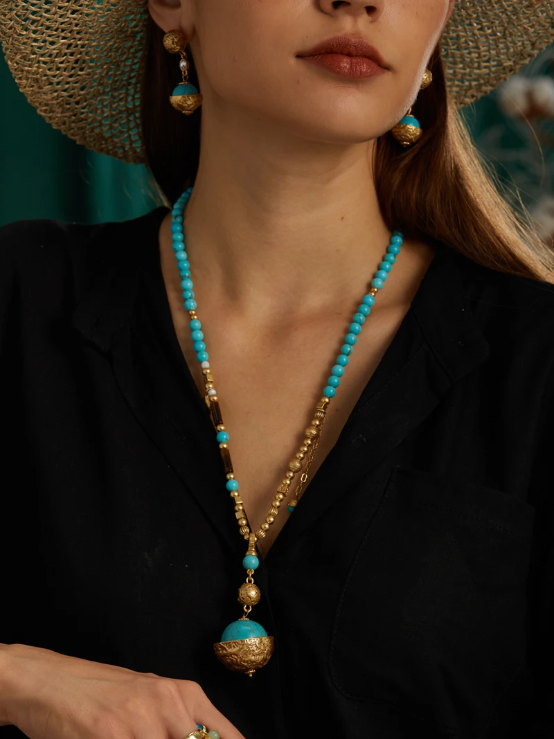Vintage Turquoise Beads Necklaces For African Party Antique Gold Color Statement Bohemian Brass Luxury Designer Jewelry Gifts