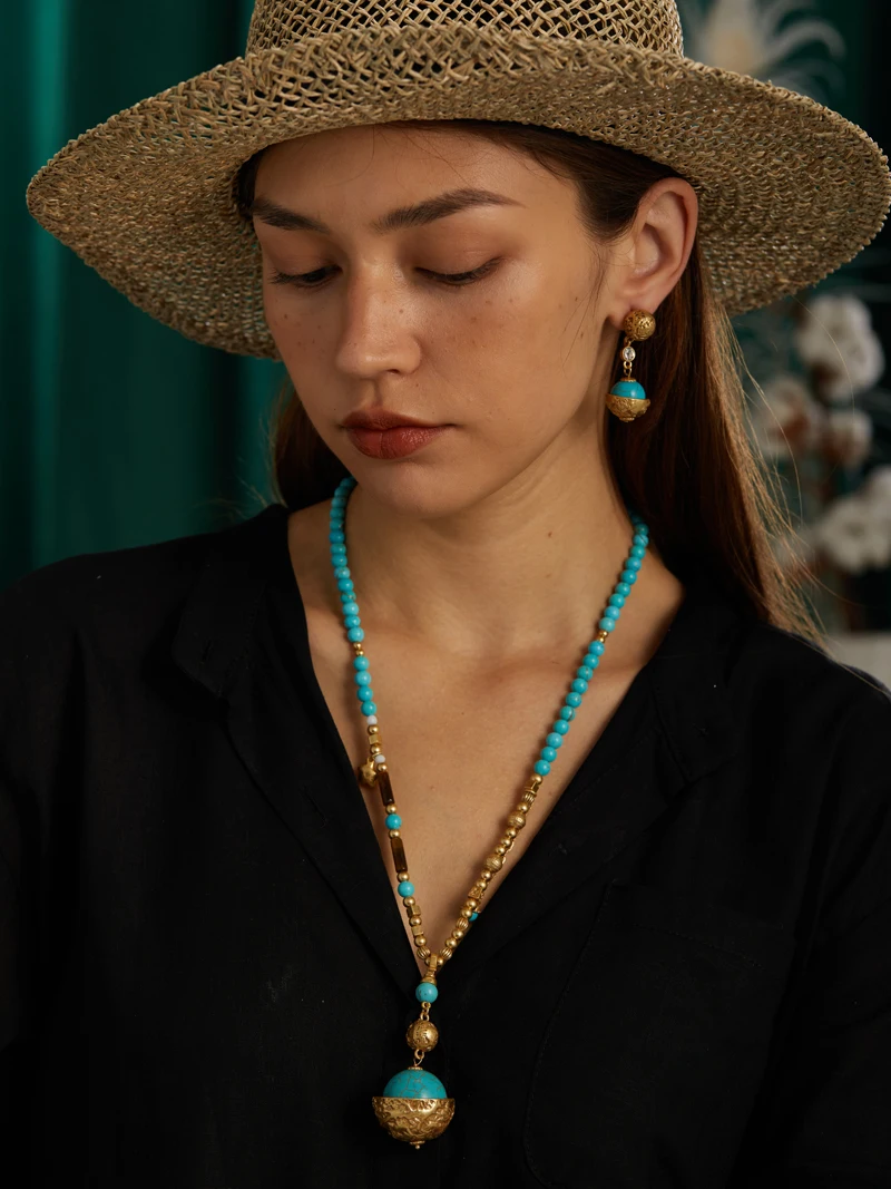 Vintage Turquoise Beads Necklaces For African Party Antique Gold Color Statement Bohemian Brass Luxury Designer Jewelry Gifts