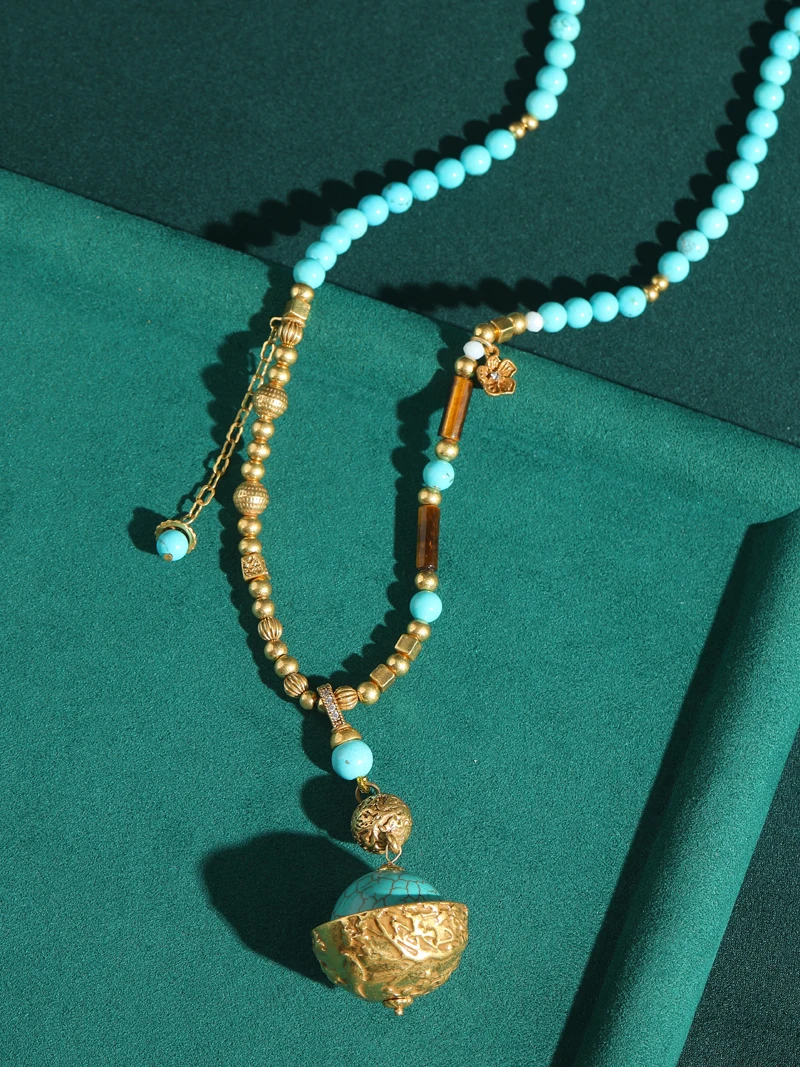 Vintage Turquoise Beads Necklaces For African Party Antique Gold Color Statement Bohemian Brass Luxury Designer Jewelry Gifts