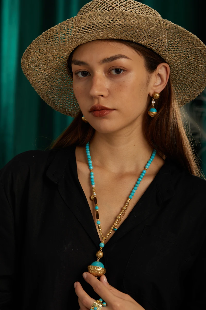 Vintage Turquoise Beads Necklaces For African Party Antique Gold Color Statement Bohemian Brass Luxury Designer Jewelry Gifts