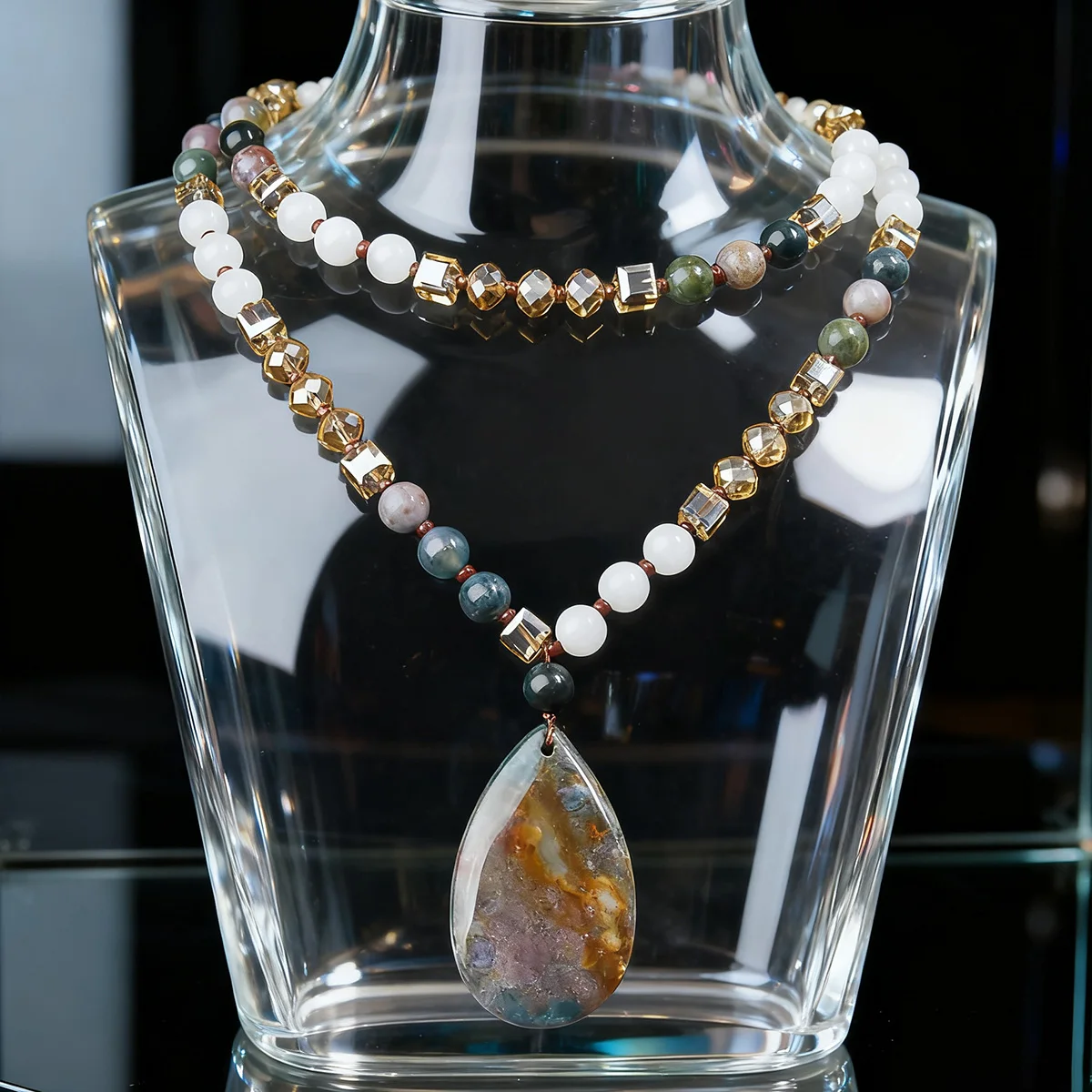 Bohemian style natural stone bead necklace for women's sweater chain suitable for daily wear (pendant color slightly different)