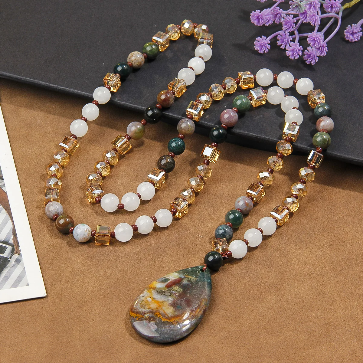 Bohemian style natural stone bead necklace for women's sweater chain suitable for daily wear (pendant color slightly different)