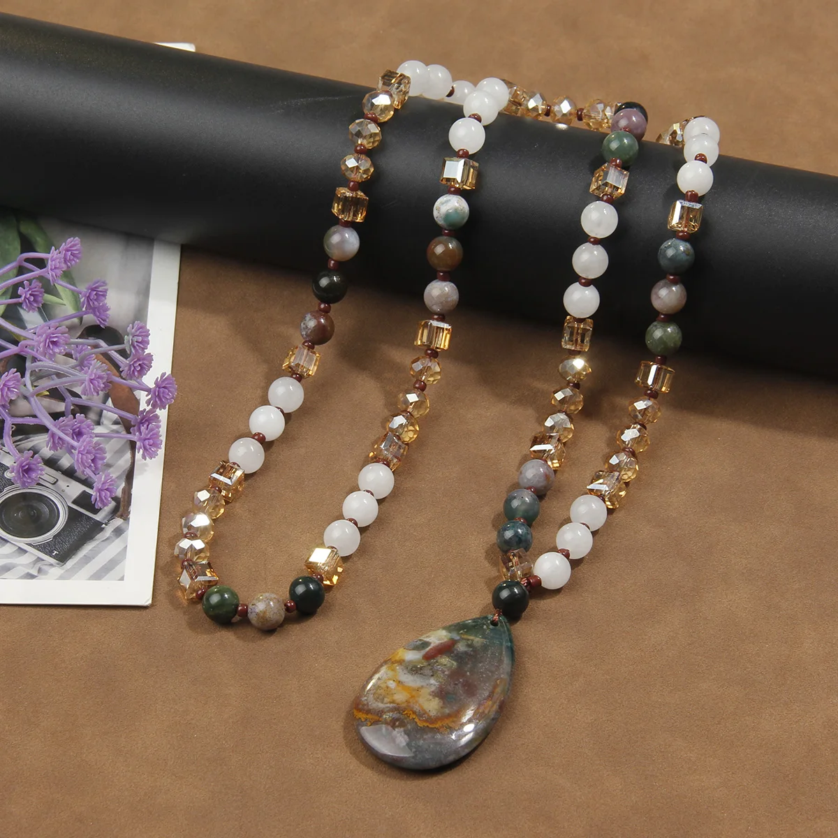 Bohemian style natural stone bead necklace for women's sweater chain suitable for daily wear (pendant color slightly different)